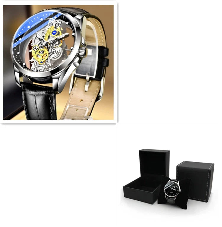 Men's skeleton automatic quartz watch with gold finish and mineral glass