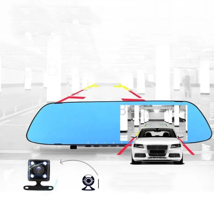 Rearview mirror recorder with 5-inch IPS screen showing HD reversing image and dual lens design