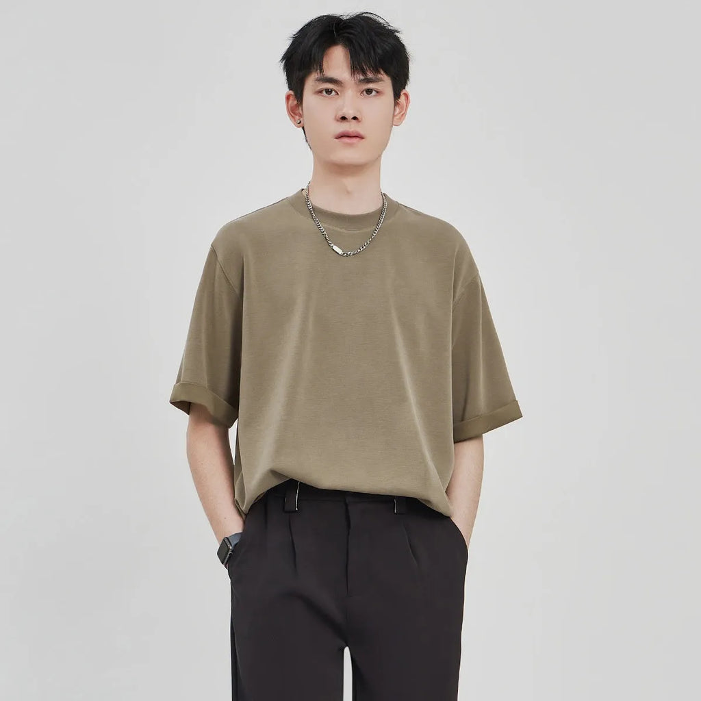 Men's brown drape knit loose casual T-shirt with short sleeves on hanger