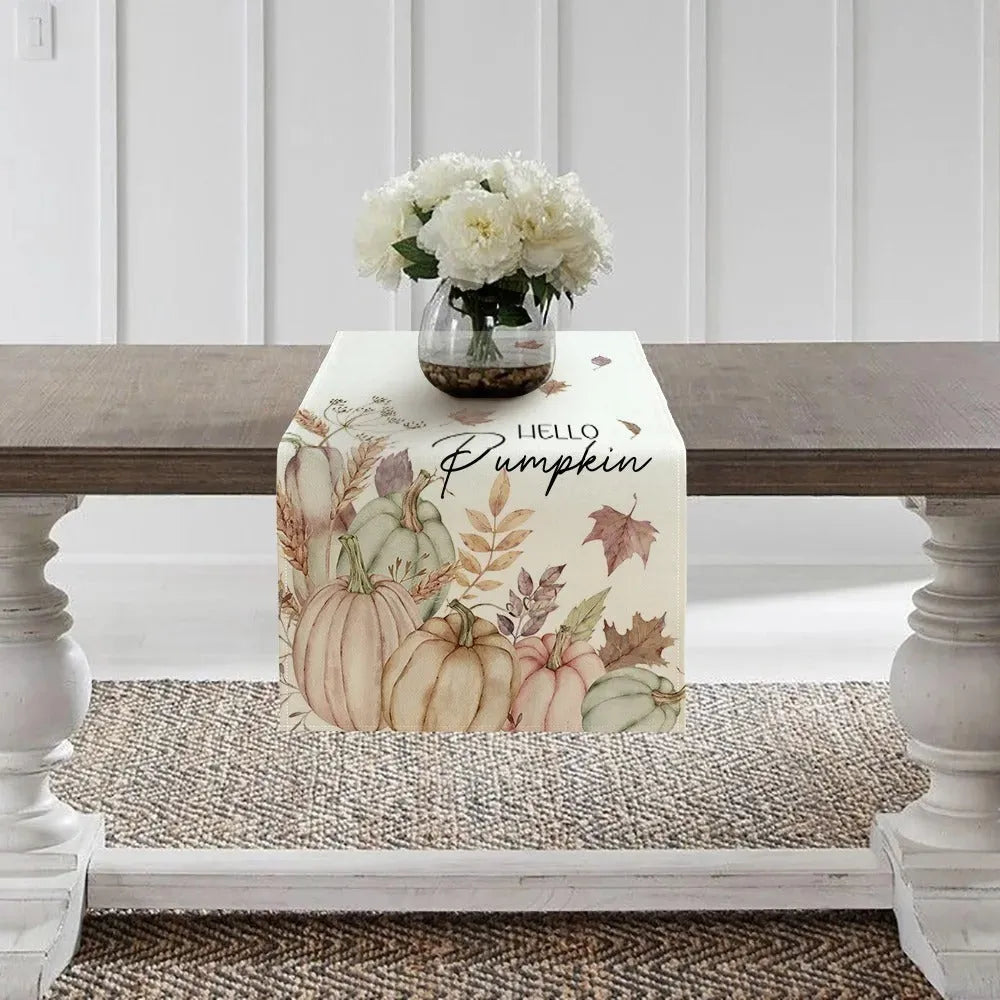 Beige polyester Thanksgiving table runner with floral pattern, size 33x183cm, on a wooden table
