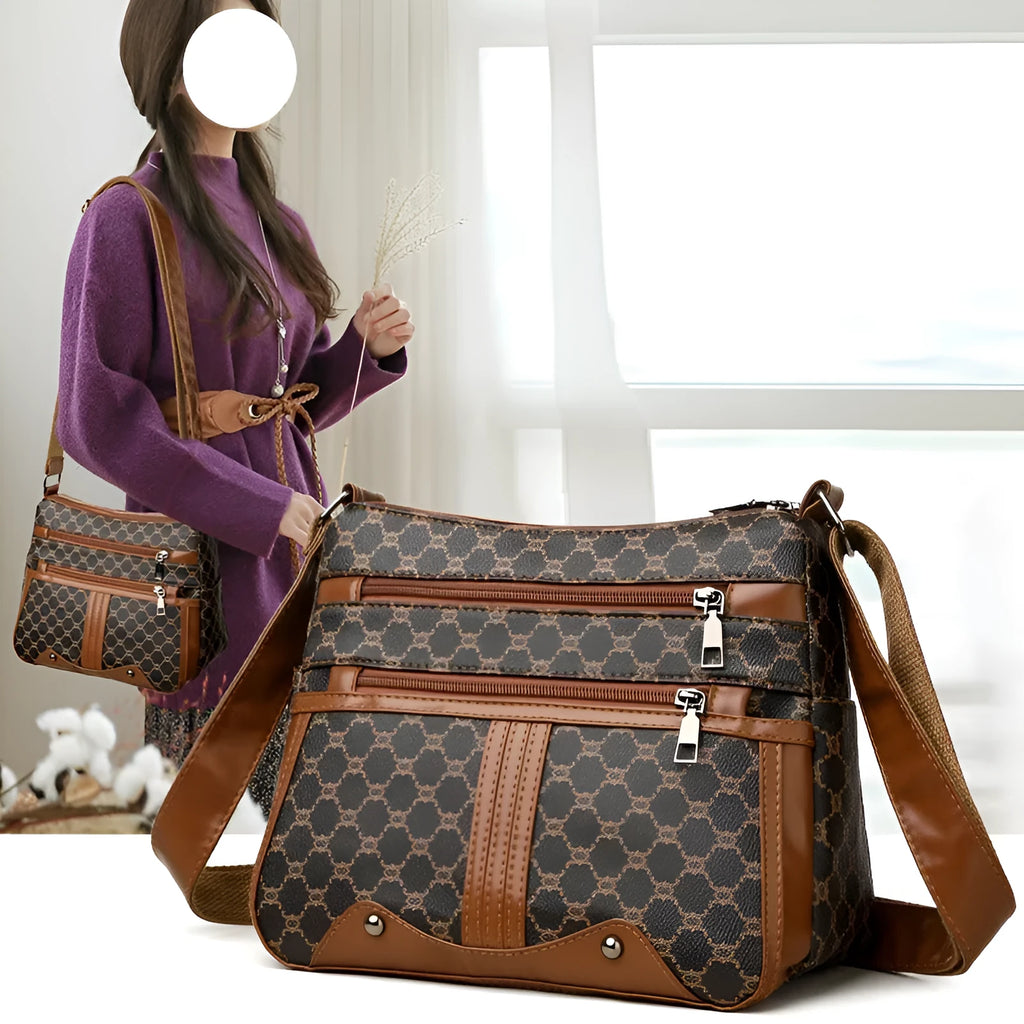Brown women's crossbody bag with stitching pattern detailing and large storage capacity
