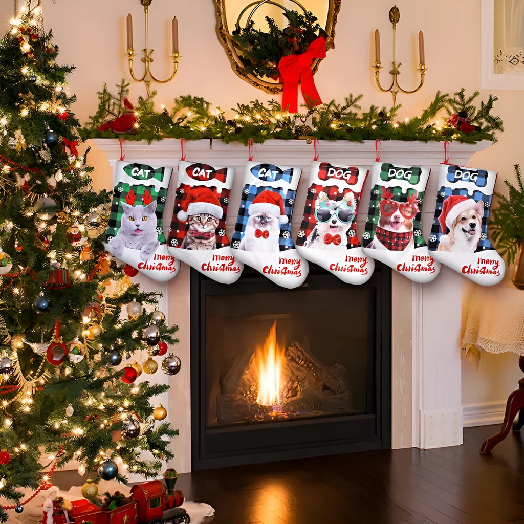 Printed cloth Christmas decoration banner with plaid puppy and cat patterns in various colours