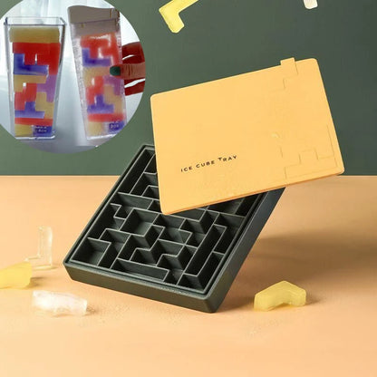 Labyrinth silicone ice cube tray in yellow, blue, and red for unique ice cubes