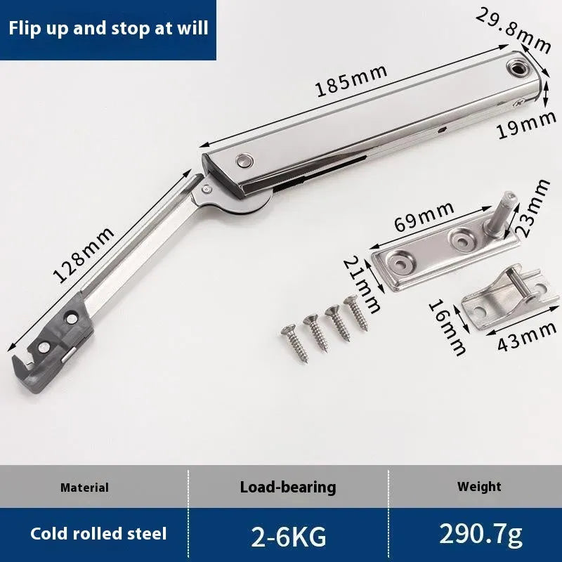 Cold rolled steel flap-up door support rod in natural stainless steel finish.
