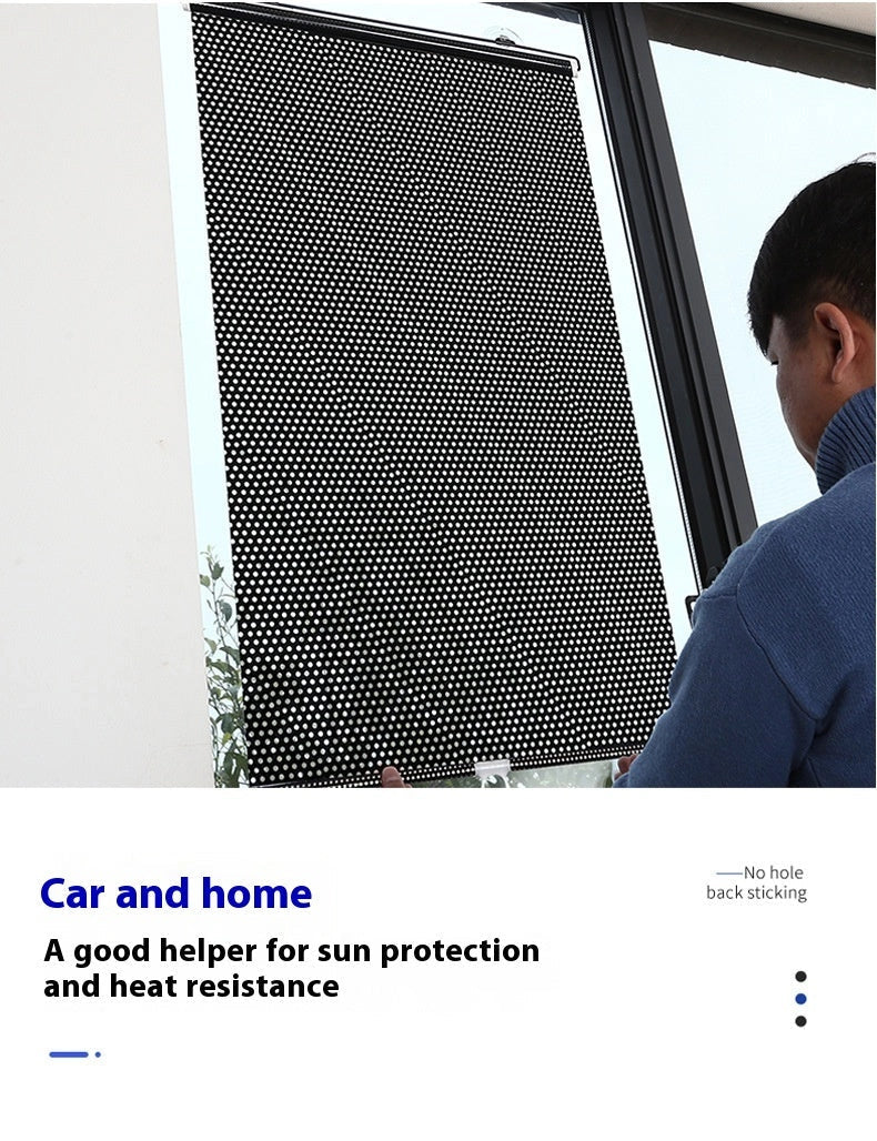 Punch-free window sun protection shutter in black dots and silver laser options, sizes from 40x60cm to 58x125cm