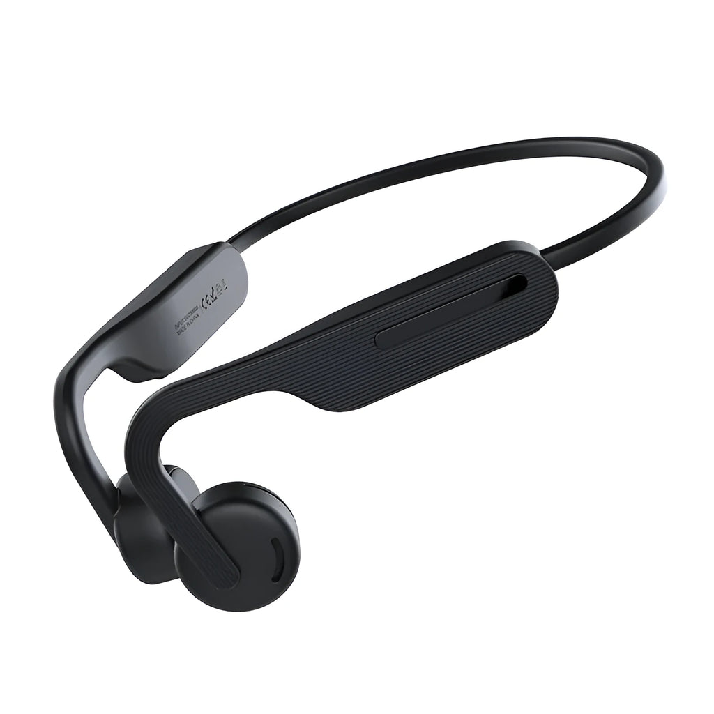 Black waterproof wireless in-ear headphones with head-mounted design, Bluetooth 5.0, and battery display