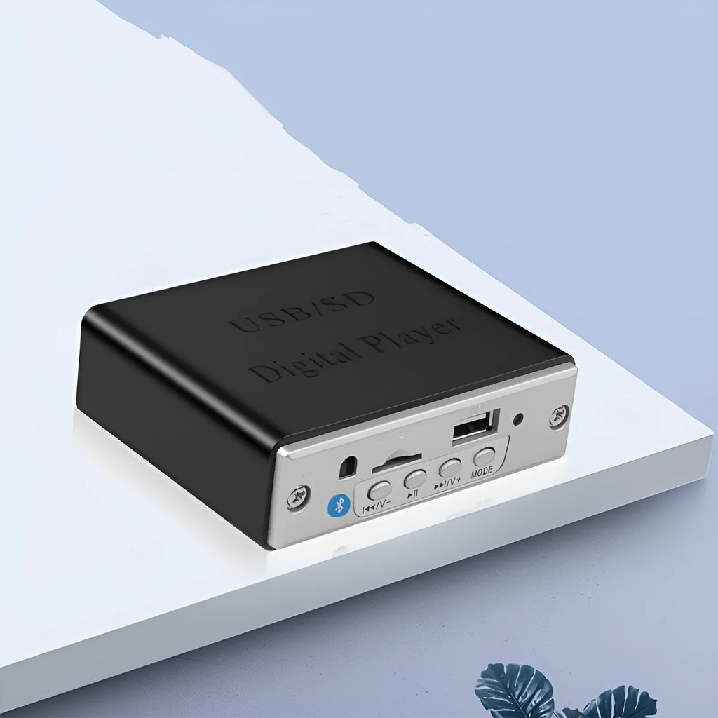 White 12V car Bluetooth MP3 decoder with USB and TF card slots, FM radio, and infrared remote control