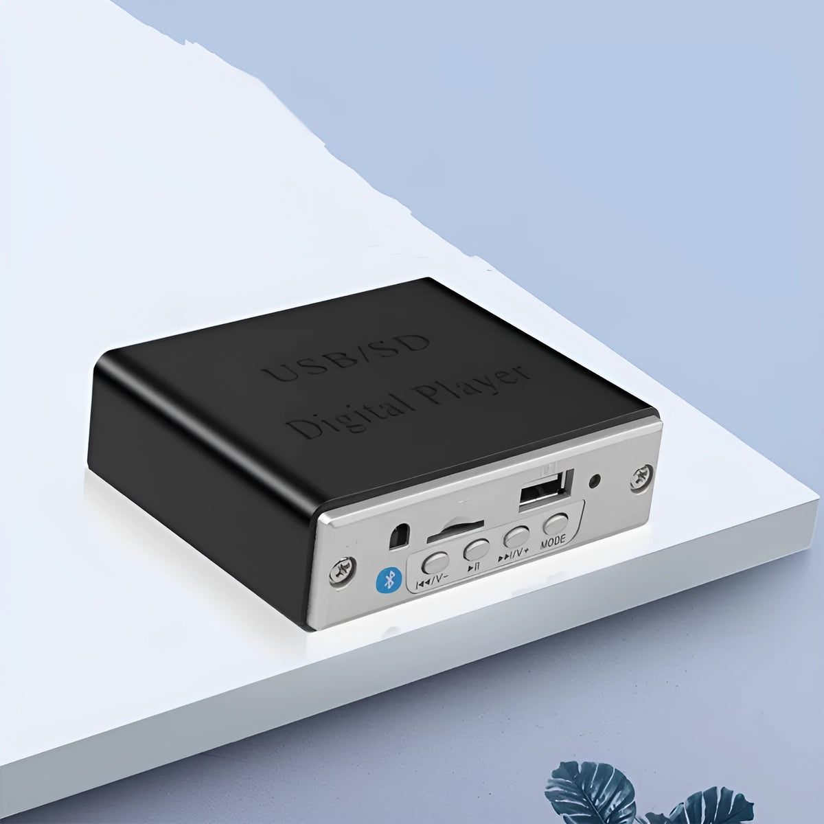White 12V car Bluetooth MP3 decoder with USB and TF card slots, FM radio, and infrared remote control