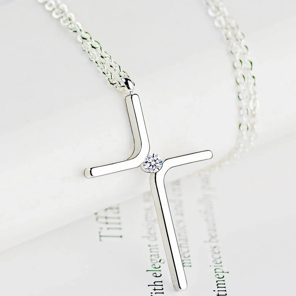 Titanium steel cross pendant necklace with water wave chain and inlaid gold treatment