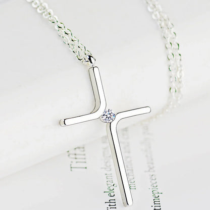 Titanium steel cross pendant necklace with water wave chain and inlaid gold treatment