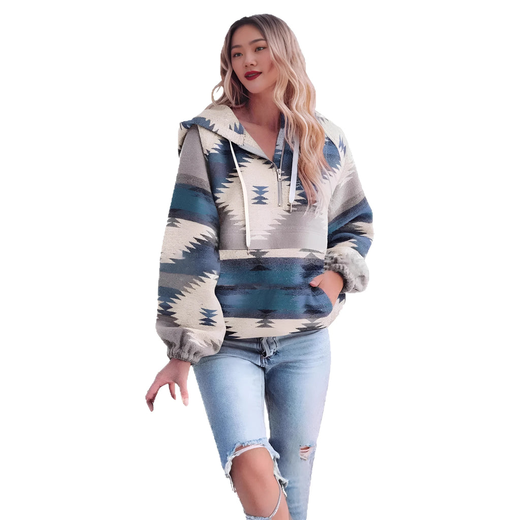 Women's retro fashion half-zip long sleeve sweatshirt with digital print in loose fit
