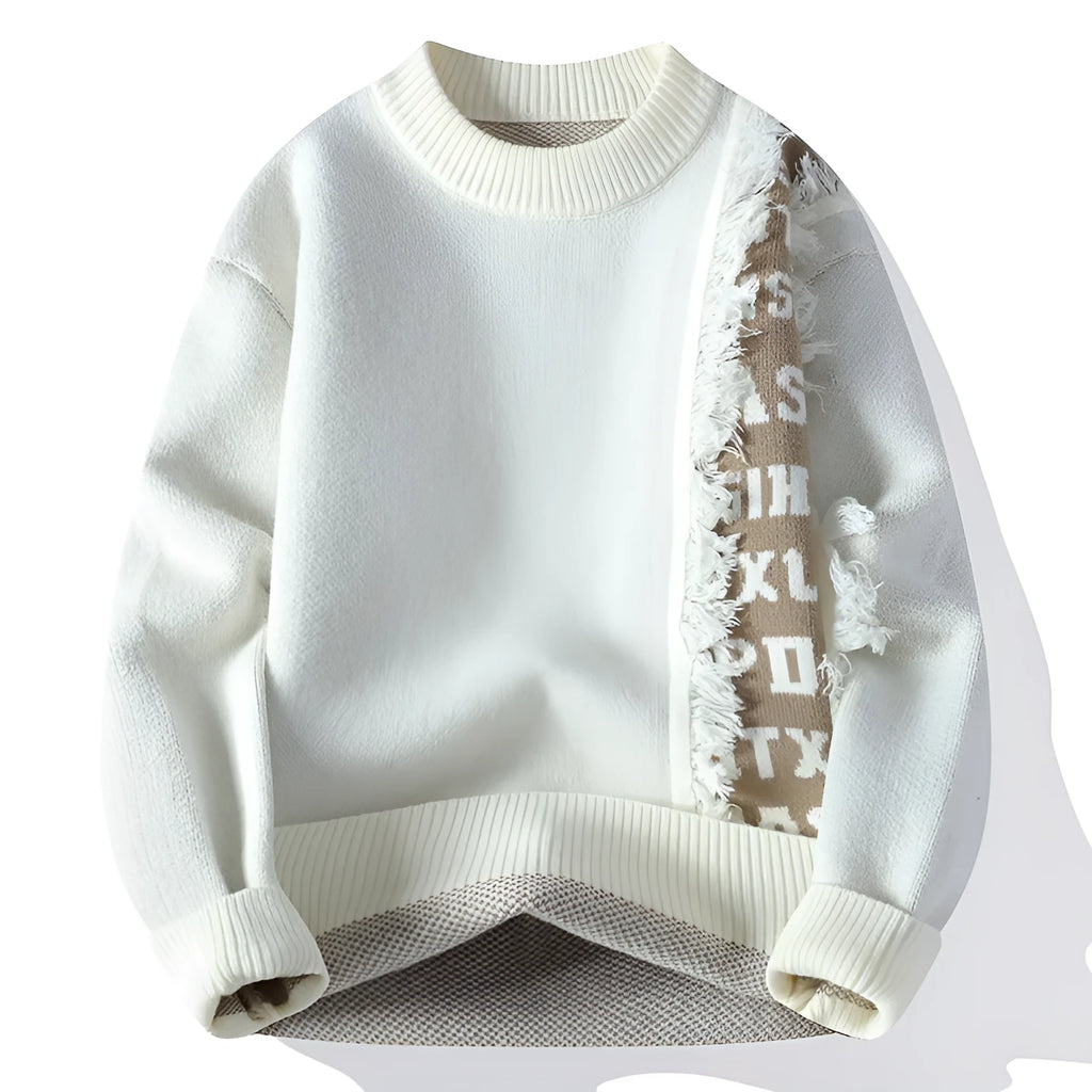 Men's loose-fit knitted pullover jumper in rabbit fur polyester blend, shown in black with a ribbed hemline.