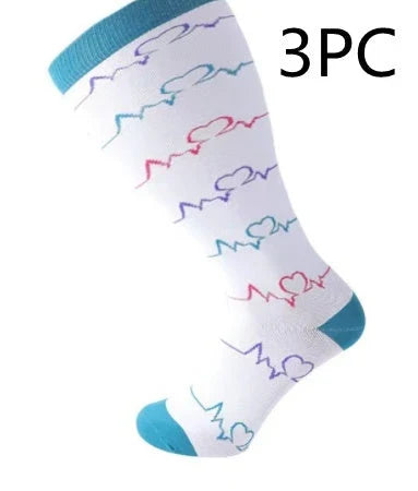 Plus-size compression socks in various stylish patterns for improved leg health and comfort