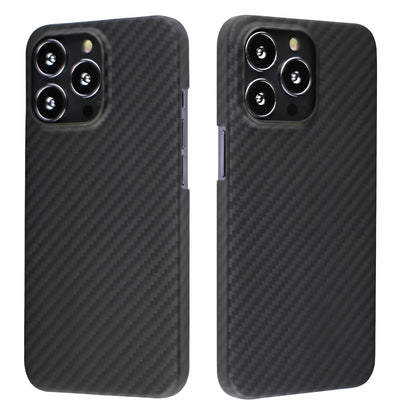 Matte black Kevlar fibre iPhone 12 case with crater texture and exposed buttons for drop protection