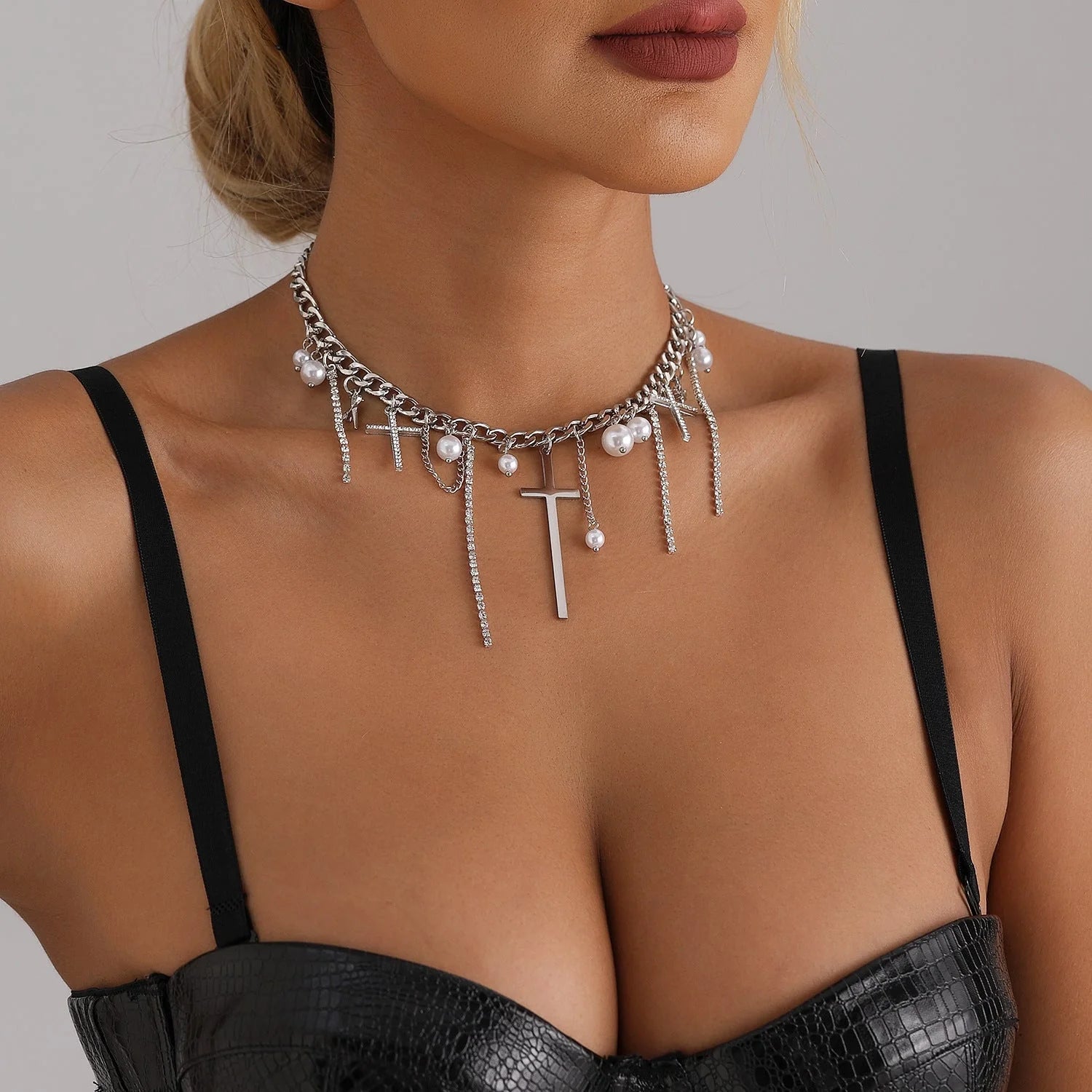 Cross Tassel Pearl Collarbone Chain Necklace in ZW1941 colour
