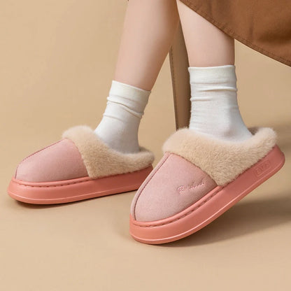 Winter fluffy slippers with non-slip soles in pink, khaki, white, and grey