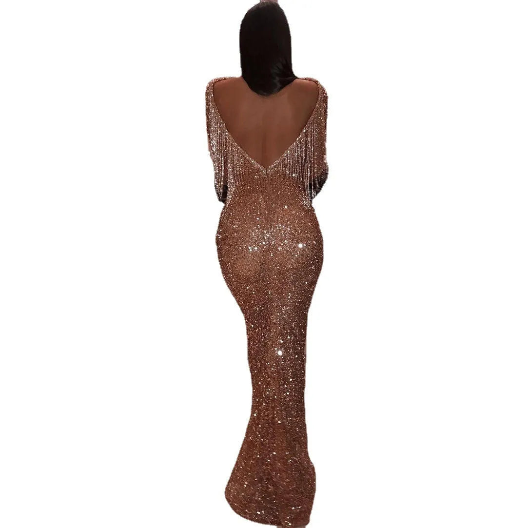 Gold sequin backless long sleeves dress with long skirt and zipper closure for women
