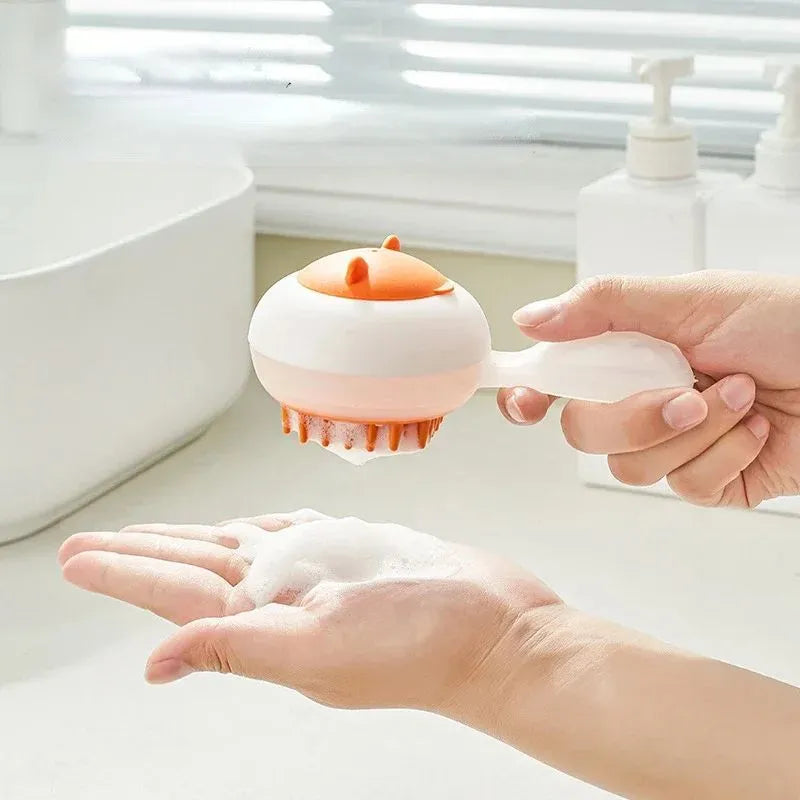 Automatic cleaning pet bath brush with soft gel massage bristles in blue and orange colour options