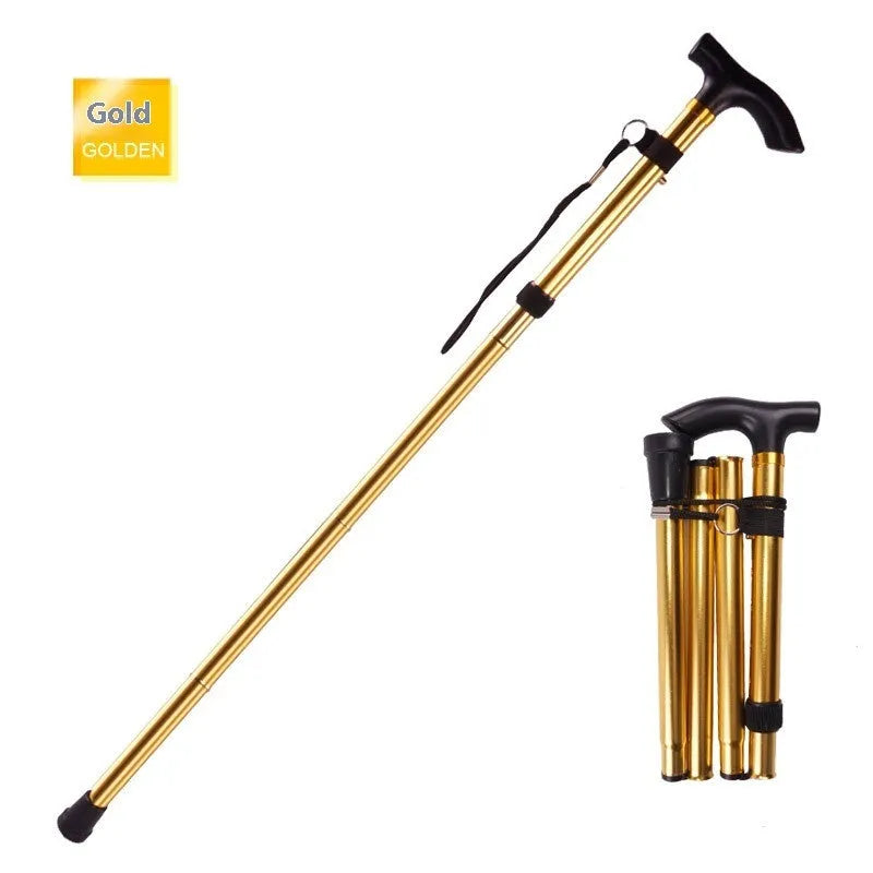 Adjustable aluminium folding walking stick in a selected colour, shown extended and folded.