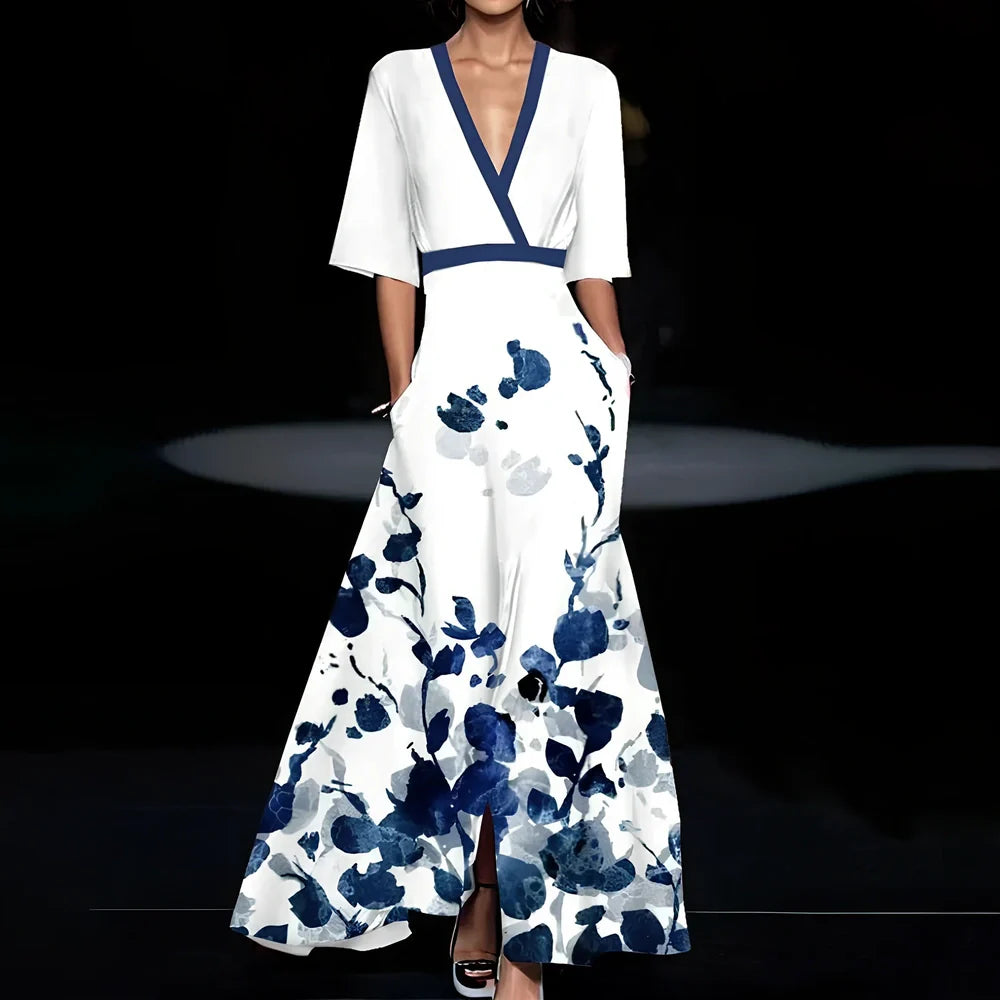 Women's summer V-neck A-line dress in red flower print, short split sleeves, belt included, sizes S-3XL polyester fabric