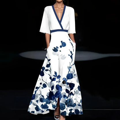 Women's summer V-neck A-line dress in red flower print, short split sleeves, belt included, sizes S-3XL polyester fabric