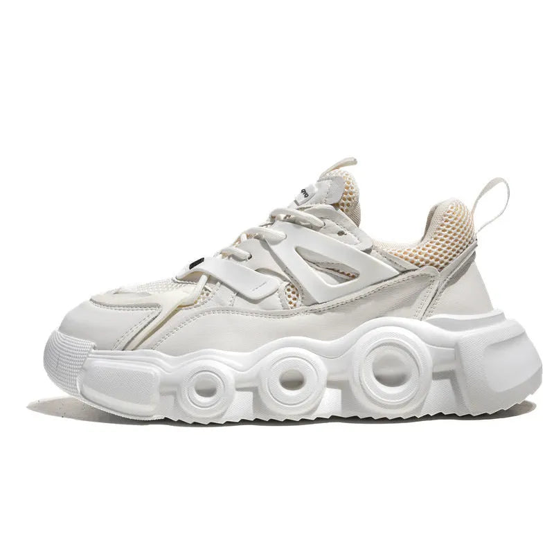 Men's black casual sneakers with a breathable mesh upper and thick rubber sole for height increase