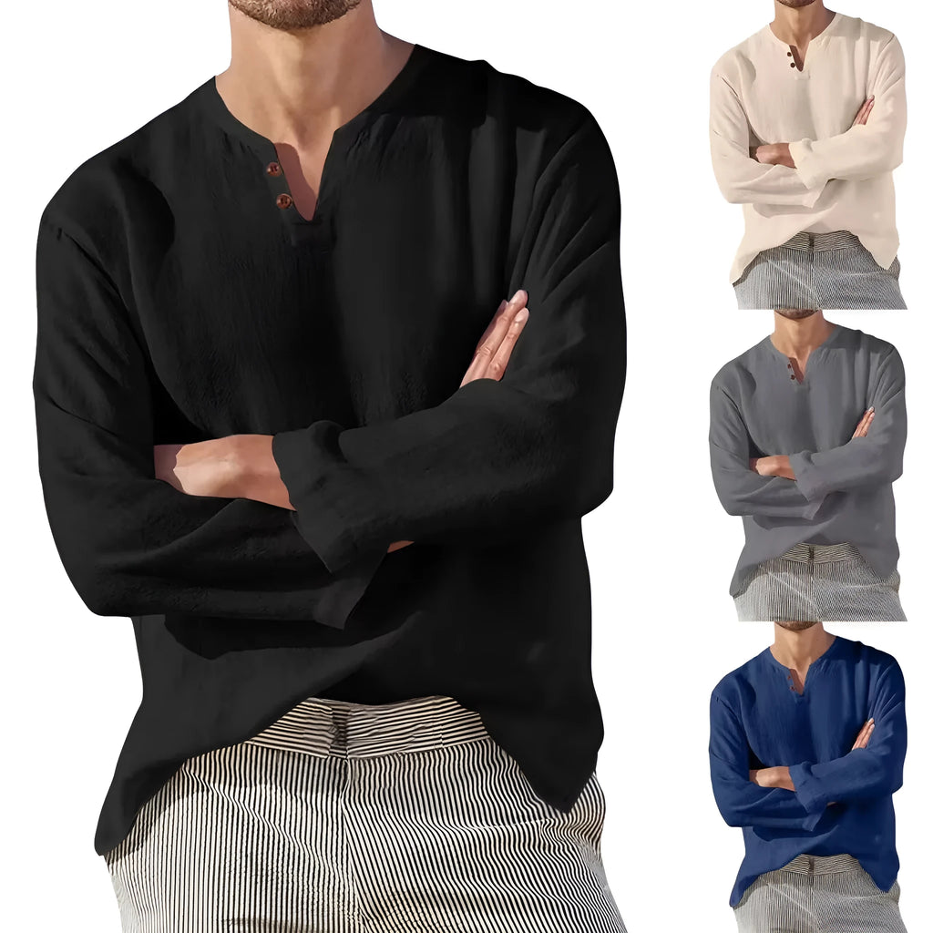 Cotton blend men's long sleeve V-neck casual beach shirt in blue with British style