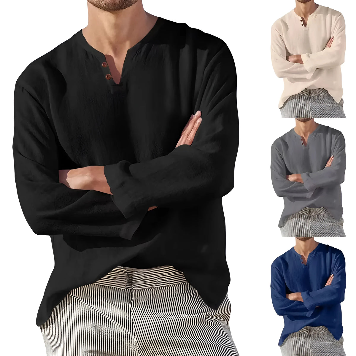 Cotton blend men's long sleeve V-neck casual beach shirt in blue with British style