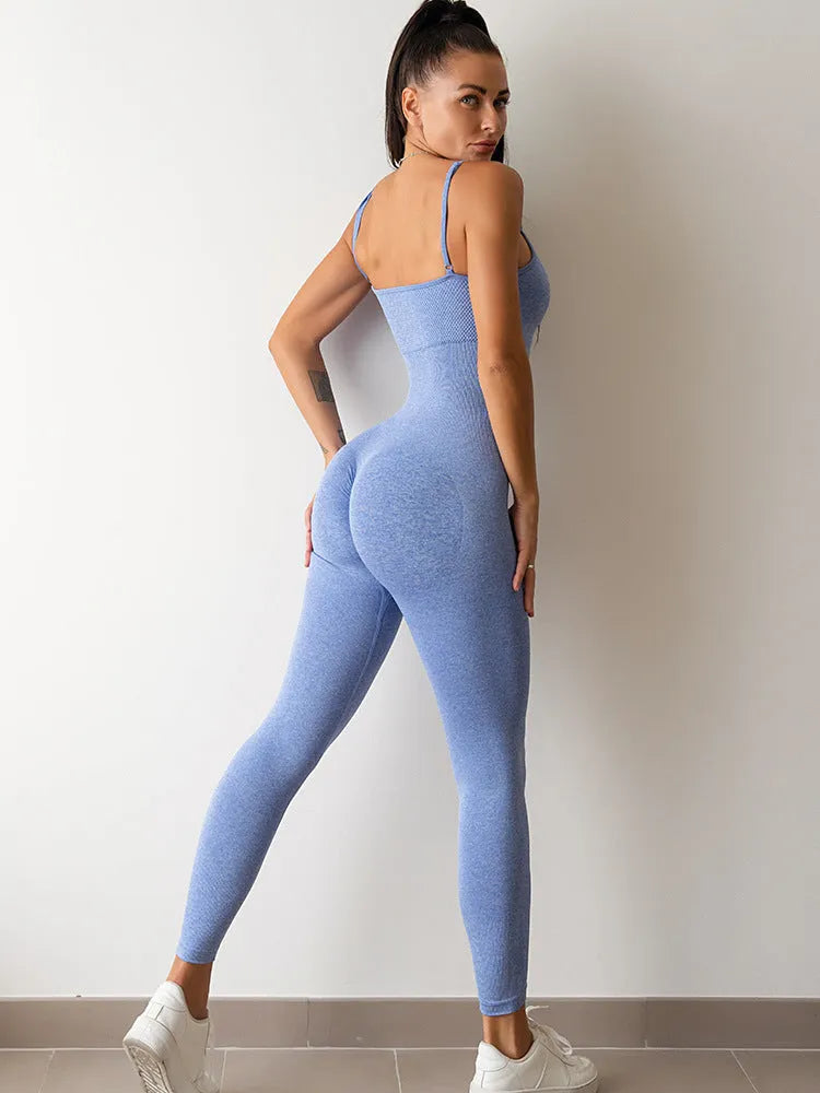 Women's black sleeveless jumpsuit with adjustable spaghetti straps and a backless design.