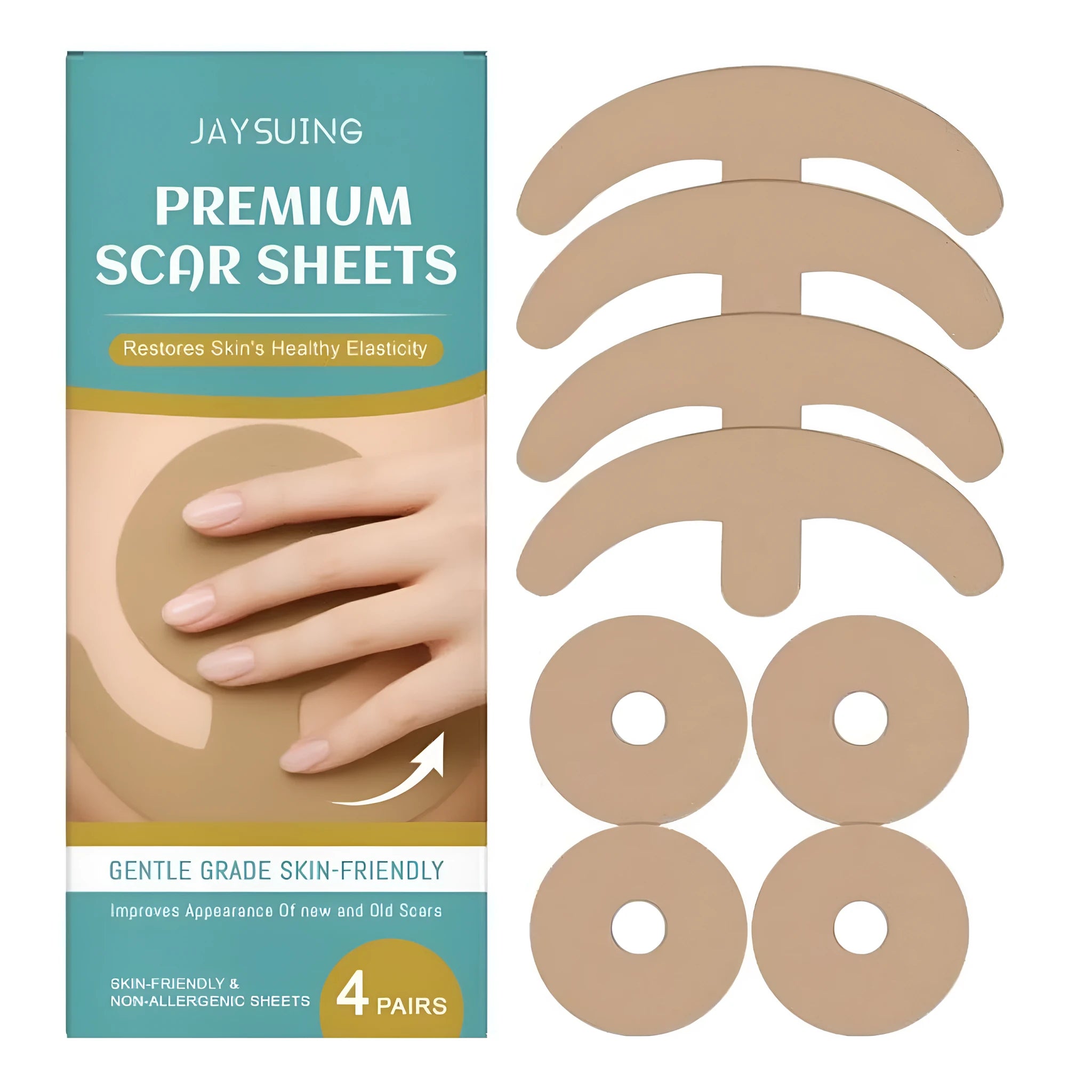 Four pairs of clear hydrogel breast lifting patches in packaging, infused with hyaluronic acid and vitamin E for bust skin care