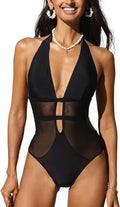 Black women's one-piece swimsuit with v-neck mesh design for swimming