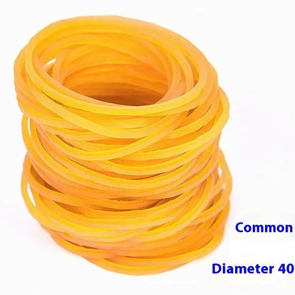 500g pack of assorted yellow rubber bands in sizes from 25mm to 70mm diameter.