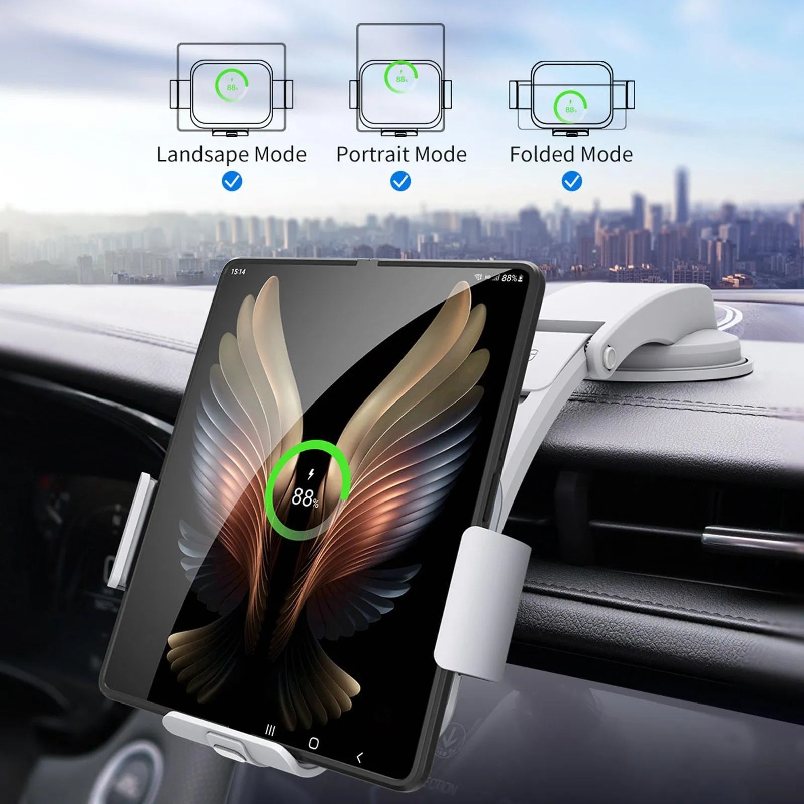 Grey and white wireless charging car phone holder with folding screen, showing air conditioner clip and suction cup bracket accessories.