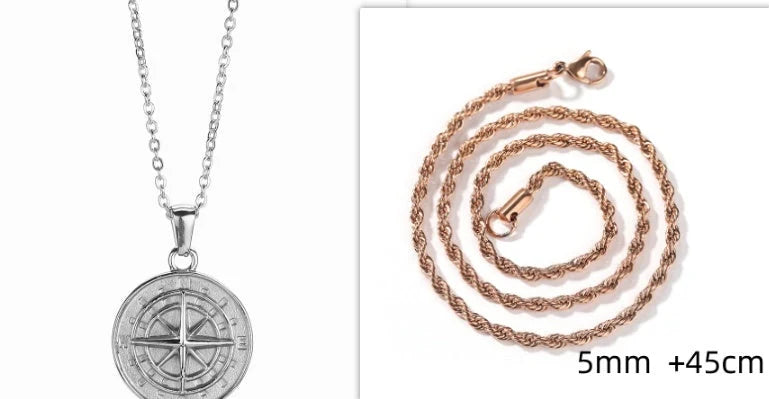Stainless steel compass circular necklace with electroplated finish in gold and steel options