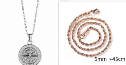 Stainless steel compass circular necklace with electroplated finish in gold and steel options