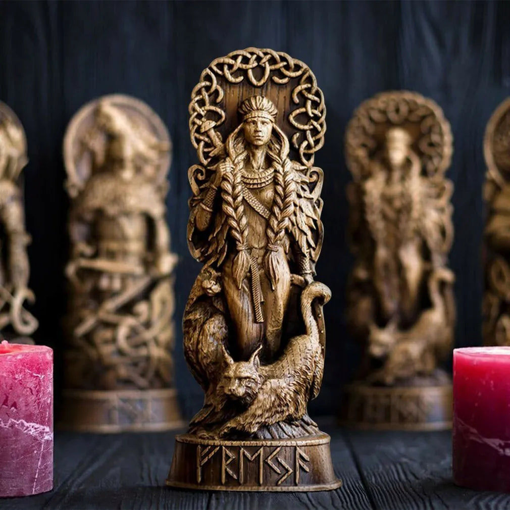 Set of four Norse mythology resin hero statues Odin Thor Freya Loki wood carving style 22 cm tall
