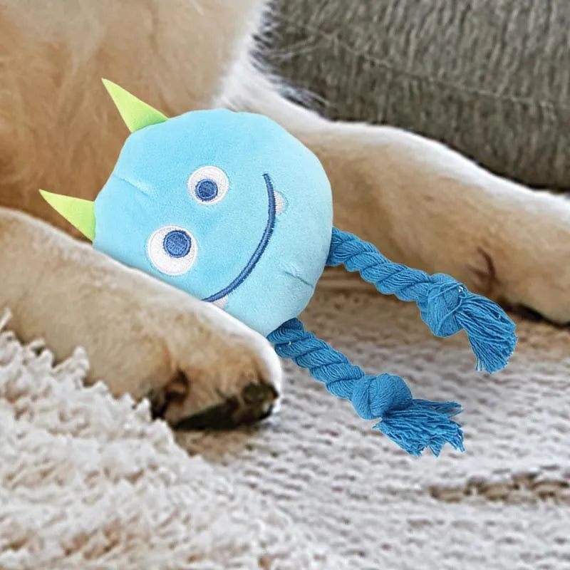 Dog squeaky toy with knot design in cotton rope, available in yellow or blue colours