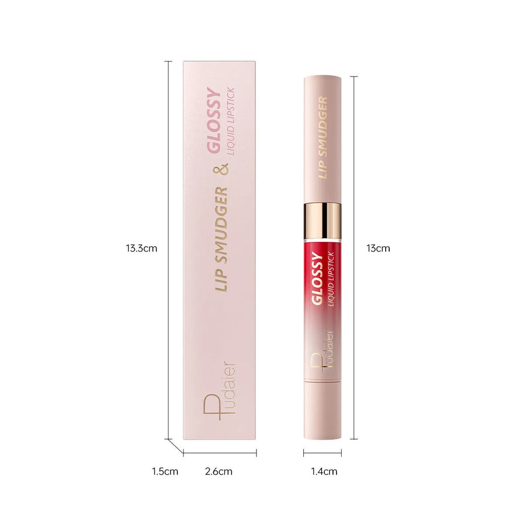 Double-ended lipstick and lip gloss set showing matte and glossy ends in one of ten available colour shades