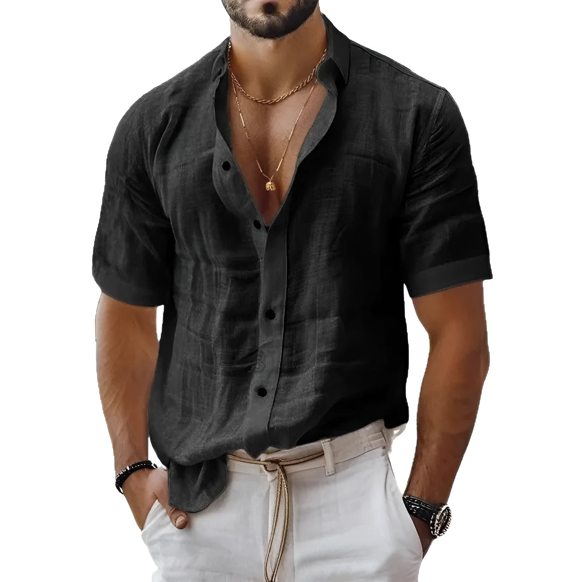 Men's solid colour short sleeve lapel shirt in a cotton linen blend fabric on a hanger.