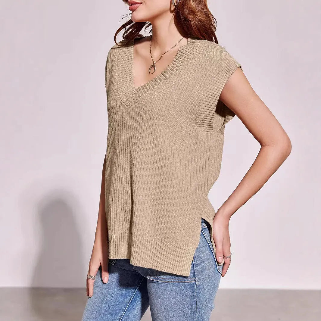 Camel colour V-neck sleeveless loose fit vest with stripe pattern on a hanger