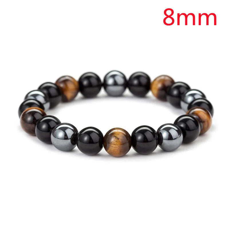 Hand-woven tiger eye stone bracelet in natural colours, showcasing unique texture and geometric design.