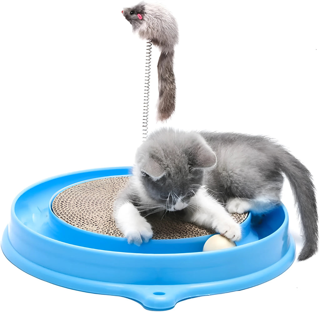 Blue interactive cat scratcher toy with circular ball track and central scratch pad.