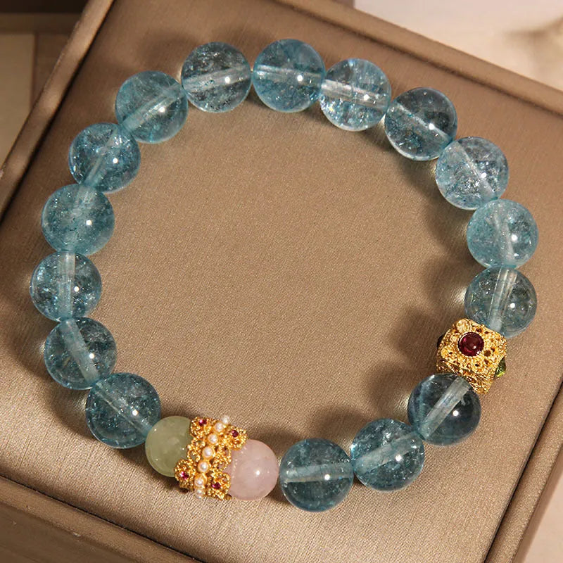 Blue crystal cube sugar bracelet with Chinese style design on flexible ring
