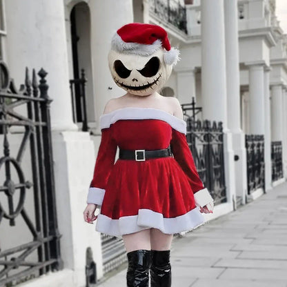 Women's festive Santa-themed dress with plush trim, off-the-shoulder design, and available in red colors