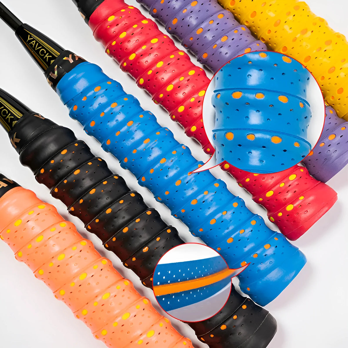PU tennis racket sweatband in a choice of colours, shown wrapped around a racquet handle.