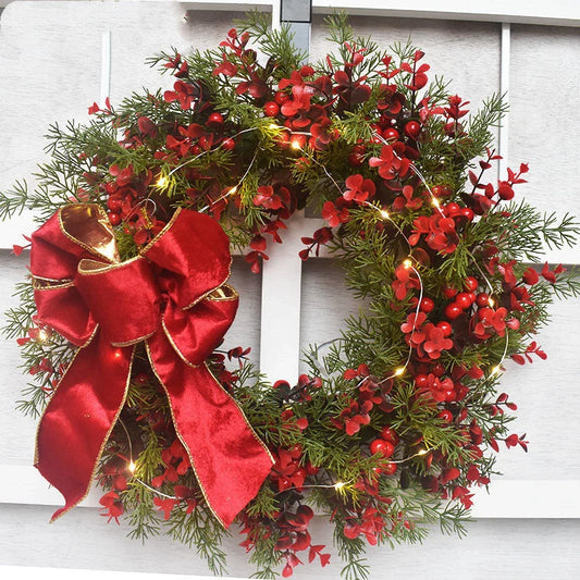 Artificial cherry pattern Christmas wreath with LED lights, 45cm in diameter