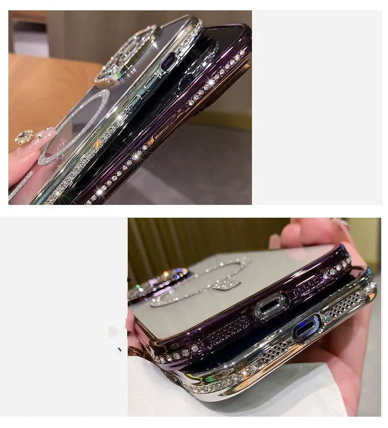 Soft silicone magnetic wireless charging case for iPhone in deep purple, rose gold, silver, and blue.
