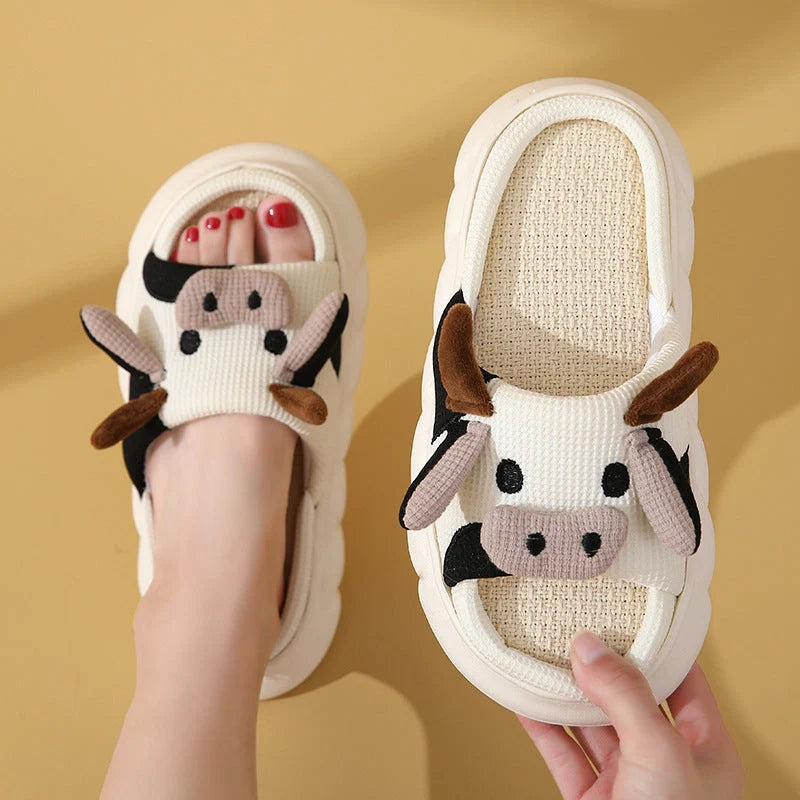 Cartoon cow frog design linen slippers with non-slip PVC sole