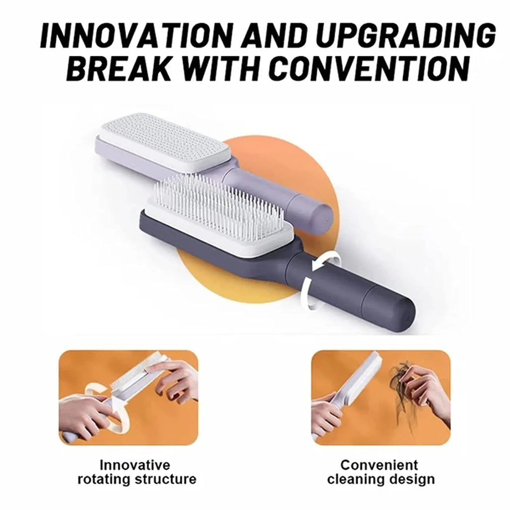 Purple and grey self-cleaning hair brush with rotate handle mechanism for anti-static massage combing