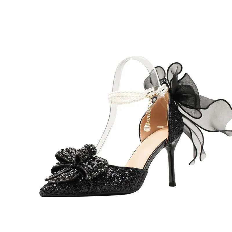 Black two-way all-matching outdoor sandal pumps with 6-8cm stiletto heel and pointed toe